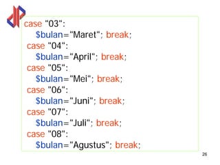 case "03":
   $bulan="Maret"; break;
 case "04":
   $bulan="April"; break;
 case "05":
   $bulan="Mei"; break;
 case "06":
   $bulan="Juni"; break;
 case "07":
   $bulan="Juli"; break;
 case "08":
   $bulan="Agustus"; break;
                              26
 
