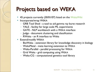 Projects based on W EKA 45 projects currently (30/01/07) listed on the  WekaWiki Incorporate/wrap W EKA GRB Tool Shed - a tool to aid gamma ray burst research YALE - facility for large scale ML experiments GATE - NLP workbench with a W EKA  interface Judge - document clustering and classification RWeka - an R interface to Weka Extend/modify W EKA BioWeka - extension library for knowledge discovery in biology WekaMetal - meta learning extension to W EKA Weka-Parallel - parallel processing for W EKA Grid Weka - grid computing using W EKA Weka-CG - computational genetics tool library 06/10/09 Machine learning with WEKA 