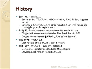 History July 1997 - W EKA  2.2 Schemes: 1R, T2, K*, M5, M5Class, IB1-4, FOIL, PEBLS, support for C5 Included a facility (based on Unix makefiles) for configuring and running large scale experiments Early 1997 - decision was made to rewrite W EKA  in Java Originated from code written by Eibe Frank for his PhD Originally codenamed  JAWS  ( JA va  W eka  S ystem) May 1998 - W EKA  2.3 Last release of the TCL/TK-based system Mid 1999 - W EKA  3 (100% Java) released Version to complement the Data Mining book Development version (including GUI) 06/10/09 Machine learning with WEKA 