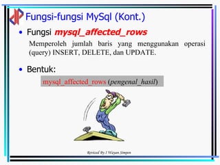 Fungsi-fungsi MySql (Kont.) Fungsi  mysql_affected_rows   Bentuk: Memperoleh jumlah baris yang menggunakan operasi (query) INSERT, DELETE, dan UPDATE.  mysql_affected_rows  ( pengenal_hasil )   