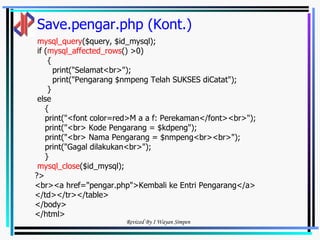 Save.pengar.php (Kont.) mysql_query ($query, $id_mysql); if ( mysql_affected_rows () >0) { print("Selamat<br>"); print("Pengarang $nmpeng Telah SUKSES diCatat"); } else { print("<font color=red>M a a f: Perekaman</font><br>"); print("<br> Kode Pengarang = $kdpeng"); print("<br> Nama Pengarang = $nmpeng<br><br>"); print("Gagal dilakukan<br>"); } mysql_close ($id_mysql); ?> <br><a href="pengar.php">Kembali ke Entri Pengarang</a> </td></tr></table> </body> </html> 