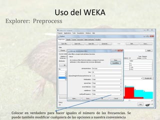 Uso del WEKAExplorer: PreprocessMarca sobre la opciones filtros que considere necesarias y pulsa Esta bien