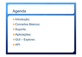 Agenda
Ê Introdução;
Ê Conceitos Básicos;
Ê Suporte;
Ê Aplicações;
Ê GUI – Explorer;
Ê API.
 