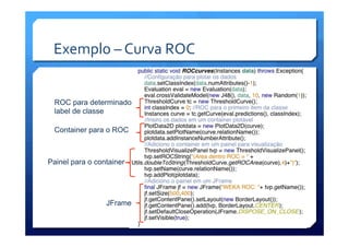 Exemplo	
  –	
  Curva	
  ROC	
  
ROC para determinado
label de classe
Container para o ROC
Painel para o container
JFrame
 