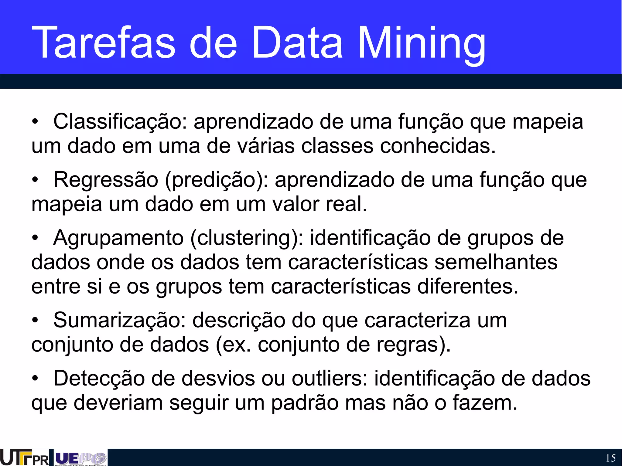 15
Tarefas de Data Mining
• Classificação: aprendizado de uma função que mapeia
um dado em uma de várias classes conhecidas.
• Regressão (predição): aprendizado de uma função que
mapeia um dado em um valor real.
• Agrupamento (clustering): identificação de grupos de
dados onde os dados tem características semelhantes
entre si e os grupos tem características diferentes.
• Sumarização: descrição do que caracteriza um
conjunto de dados (ex. conjunto de regras).
• Detecção de desvios ou outliers: identificação de dados
que deveriam seguir um padrão mas não o fazem.
 