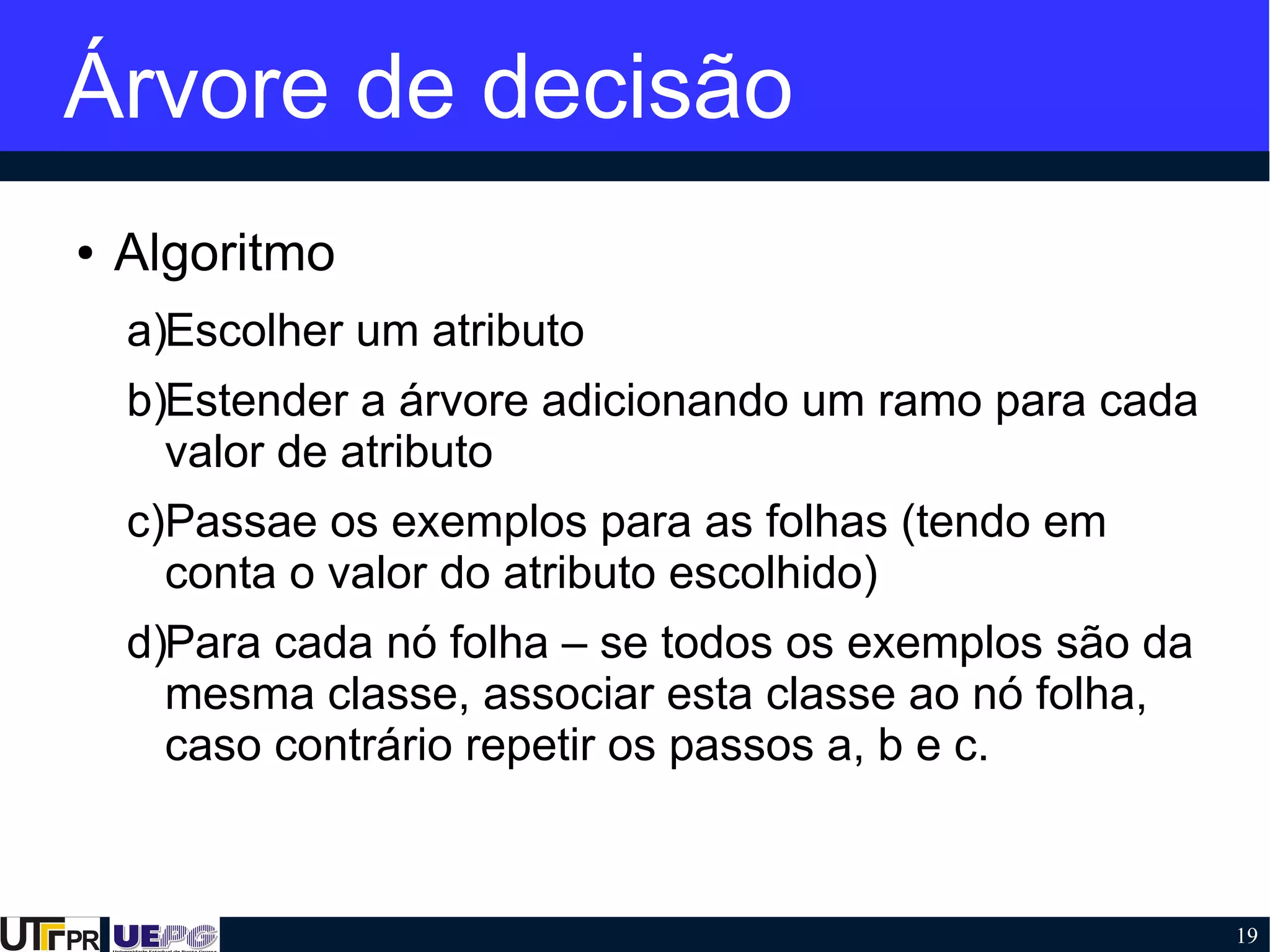 19
Árvore de decisão
● Algoritmo
a)Escolher um atributo
b)Estender a árvore adicionando um ramo para cada
valor de atributo
c)Passae os exemplos para as folhas (tendo em
conta o valor do atributo escolhido)
d)Para cada nó folha – se todos os exemplos são da
mesma classe, associar esta classe ao nó folha,
caso contrário repetir os passos a, b e c.
 