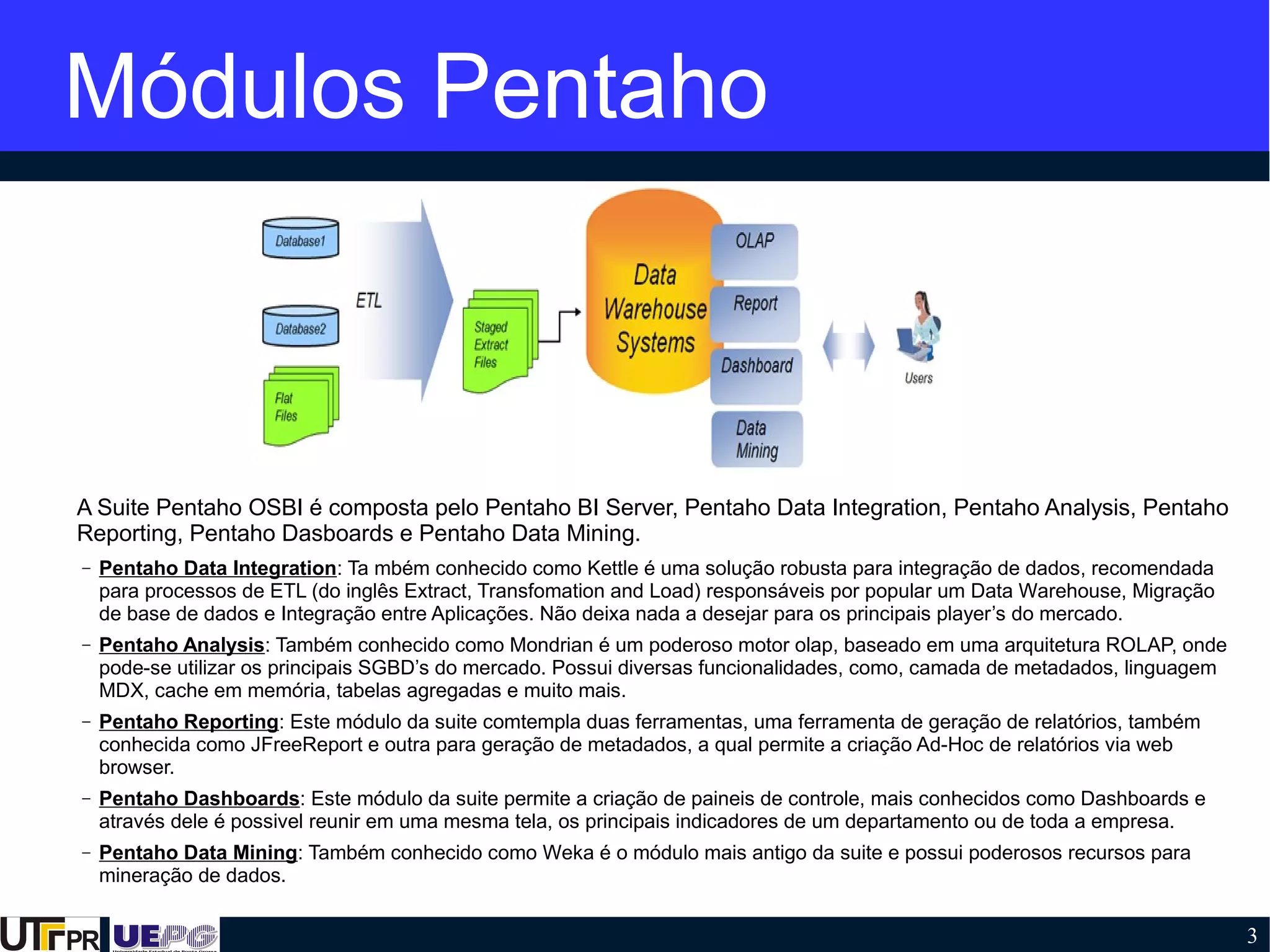 3
Módulos Pentaho
A Suite Pentaho OSBI é composta pelo Pentaho BI Server, Pentaho Data Integration, Pentaho Analysis, Pentaho
Reporting, Pentaho Dasboards e Pentaho Data Mining.
– Pentaho Data Integration: Ta mbém conhecido como Kettle é uma solução robusta para integração de dados, recomendada
para processos de ETL (do inglês Extract, Transfomation and Load) responsáveis por popular um Data Warehouse, Migração
de base de dados e Integração entre Aplicações. Não deixa nada a desejar para os principais player’s do mercado.
– Pentaho Analysis: Também conhecido como Mondrian é um poderoso motor olap, baseado em uma arquitetura ROLAP, onde
pode-se utilizar os principais SGBD’s do mercado. Possui diversas funcionalidades, como, camada de metadados, linguagem
MDX, cache em memória, tabelas agregadas e muito mais.
– Pentaho Reporting: Este módulo da suite comtempla duas ferramentas, uma ferramenta de geração de relatórios, também
conhecida como JFreeReport e outra para geração de metadados, a qual permite a criação Ad-Hoc de relatórios via web
browser.
– Pentaho Dashboards: Este módulo da suite permite a criação de paineis de controle, mais conhecidos como Dashboards e
através dele é possivel reunir em uma mesma tela, os principais indicadores de um departamento ou de toda a empresa.
– Pentaho Data Mining: Também conhecido como Weka é o módulo mais antigo da suite e possui poderosos recursos para
mineração de dados.
 