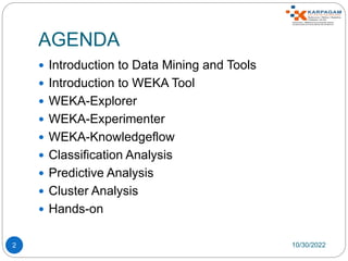 AGENDA
 Introduction to Data Mining and Tools
 Introduction to WEKA Tool
 WEKA-Explorer
 WEKA-Experimenter
 WEKA-Knowledgeflow
 Classification Analysis
 Predictive Analysis
 Cluster Analysis
 Hands-on
10/30/2022
2
 