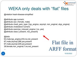 WEKA only deals with “flat” files
6
@relation heart-disease-simplified
@attribute age numeric
@attribute sex { female, male}
@attribute chest_pain_type { typ_angina, asympt, non_anginal, atyp_angina}
@attribute cholesterol numeric
@attribute exercise_induced_angina { no, yes}
@attribute class { present, not_present}
@data
63,male,typ_angina,233,no,not_present
67,male,asympt,286,yes,present
67,male,asympt,229,yes,present
38,female,non_anginal,?,no,not_present
...
10/30/2022
 