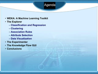WEKA: A Machine Learning Toolkit The Explorer Classification and Regression Clustering Association Rules Attribute Selection Data Visualization The Experimenter The Knowledge Flow GUI Conclusions Agenda 