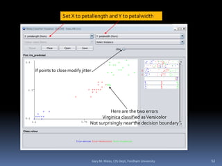 Gary M. Weiss, CIS Dept, Fordham University 52
Set X to petallength andY to petalwidth
Here are the two errors
Virginica classified asVersicolor
Not surprisingly near the decision boundary
If points to close modify jitter
 