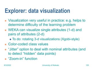 8/3/2022 University of Waikato 125
Explorer: data visualization
 Visualization very useful in practice: e.g. helps to
determine difficulty of the learning problem
 WEKA can visualize single attributes (1-d) and
pairs of attributes (2-d)
 To do: rotating 3-d visualizations (Xgobi-style)
 Color-coded class values
 “Jitter” option to deal with nominal attributes (and
to detect “hidden” data points)
 “Zoom-in” function
 