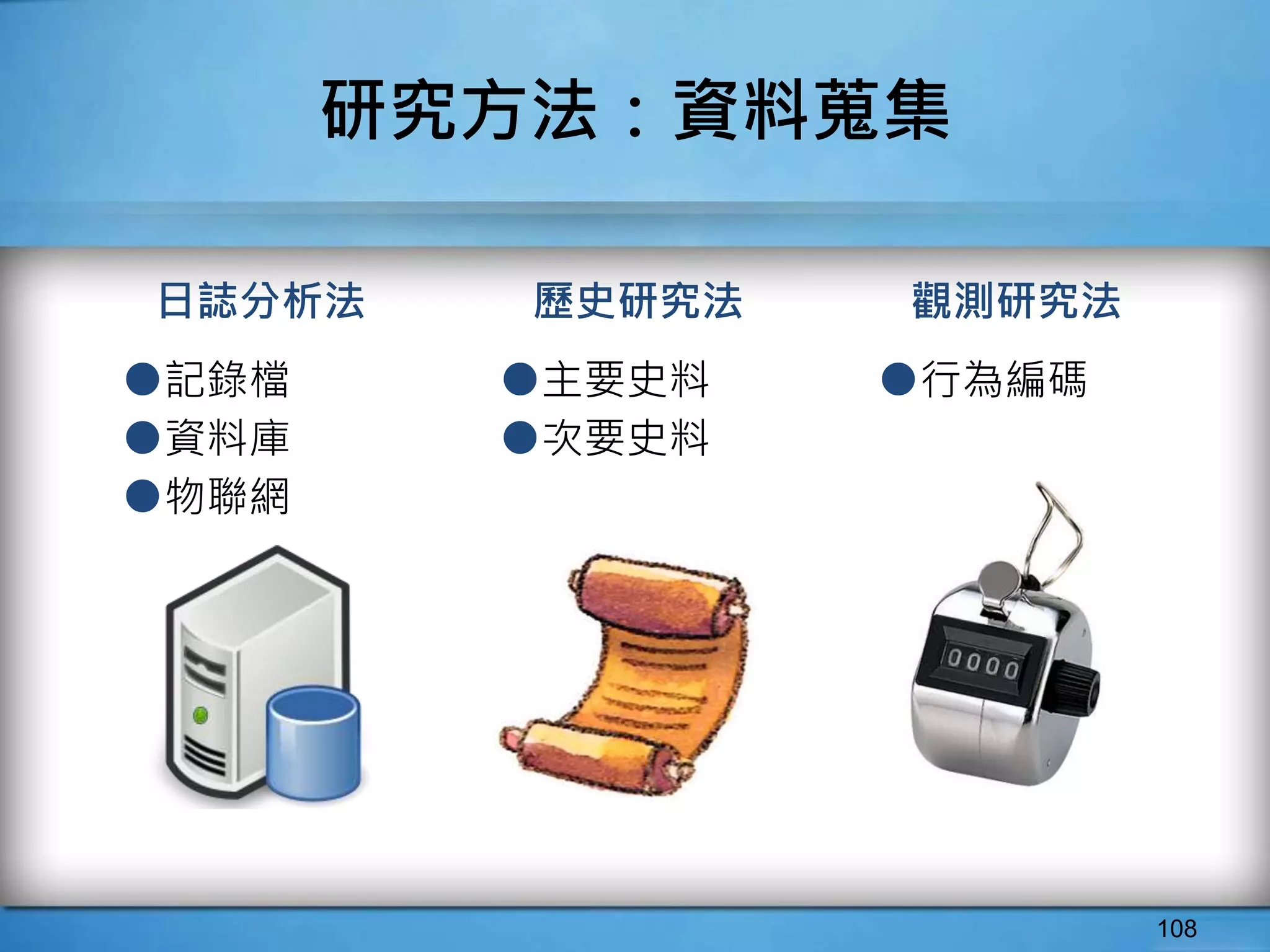 108
研究方法：資料蒐集
日誌分析法
●記錄檔
●資料庫
●物聯網
●主要史料
●次要史料
歷史研究法 觀測研究法
●行為編碼
 