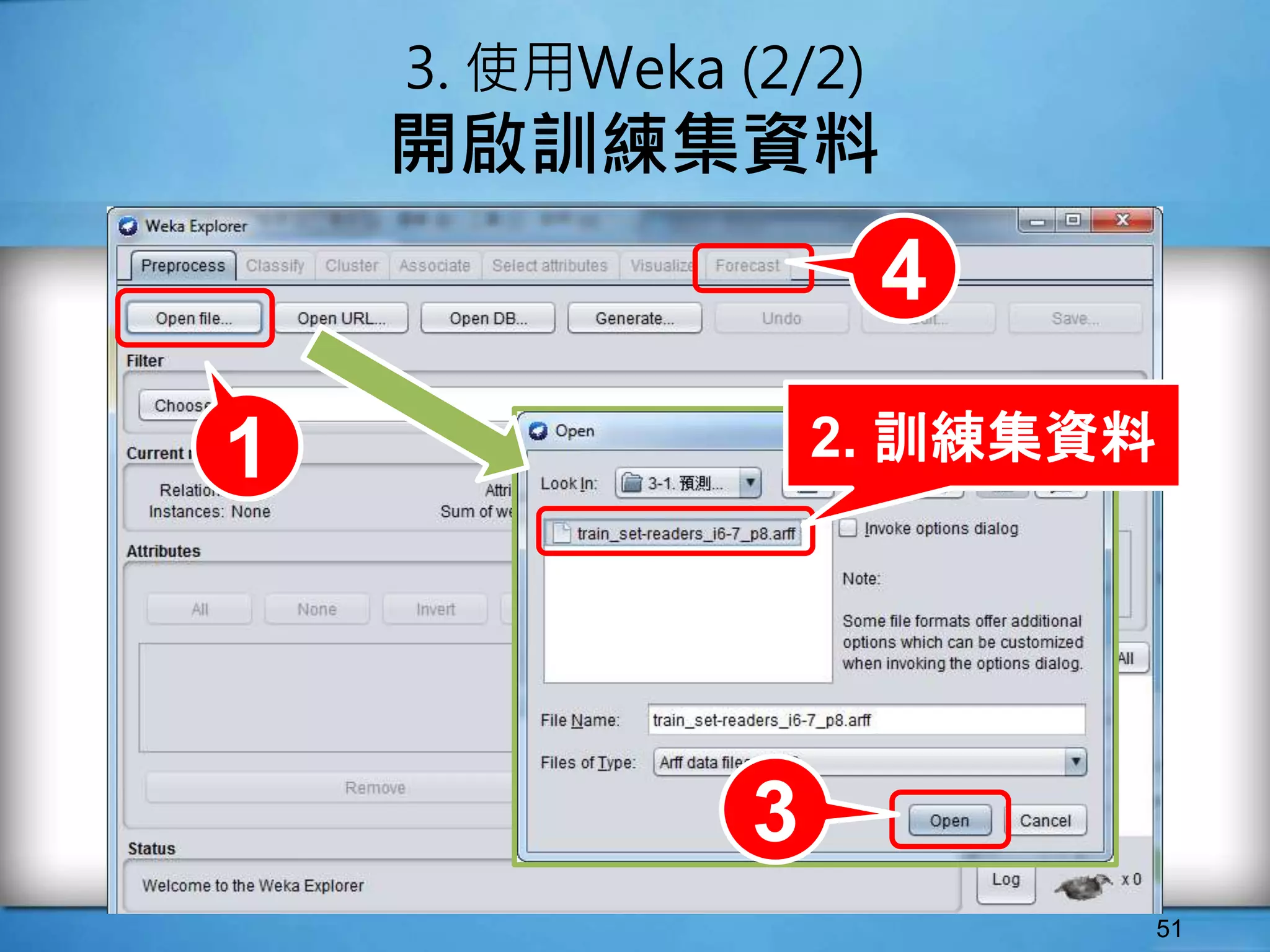 51
3. 使用Weka (2/2)
開啟訓練集資料
1
3
4
2. 訓練集資料
 