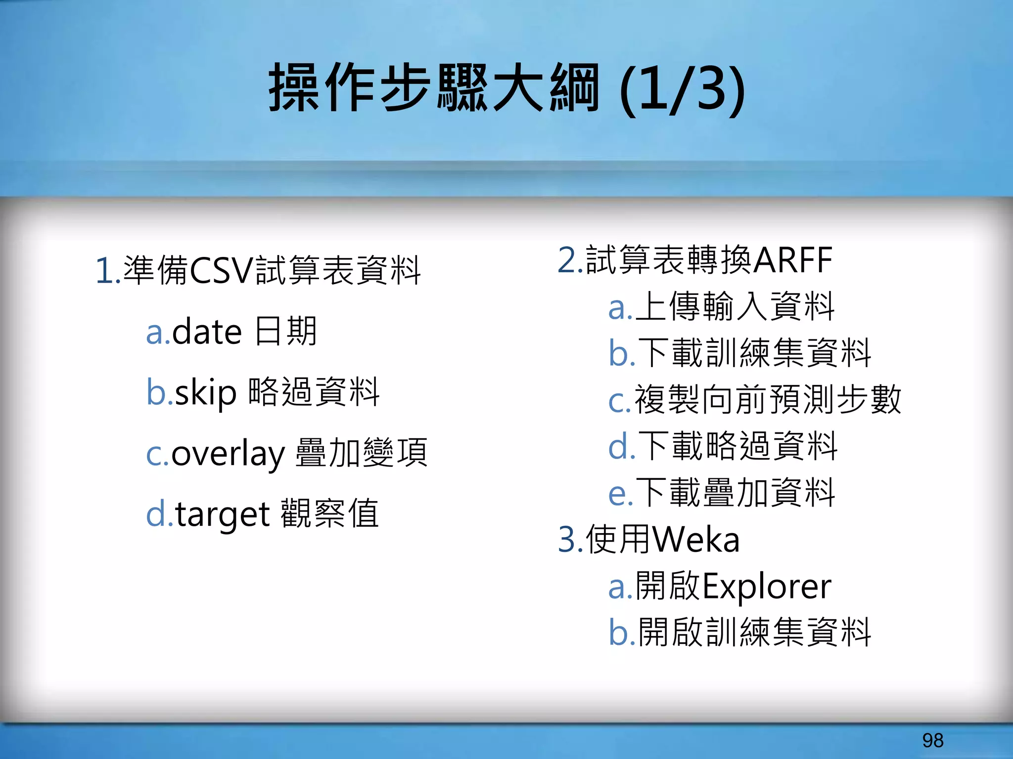 98
操作步驟大綱 (1/3)
1.準備CSV試算表資料
a.date 日期
b.skip 略過資料
c.overlay 疊加變項
d.target 觀察值
2.試算表轉換ARFF
a.上傳輸入資料
b.下載訓練集資料
c.複製向前預測步數
d.下載略過資料
e.下載疊加資料
3.使用Weka
a.開啟Explorer
b.開啟訓練集資料
 
