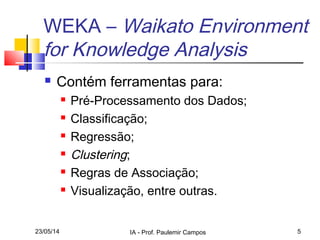 23/05/14 IA - Prof. Paulemir Campos 5
WEKA – Waikato Environment
for Knowledge Analysis
 Contém ferramentas para:
 Pré-Processamento dos Dados;
 Classificação;
 Regressão;
 Clustering;
 Regras de Associação;
 Visualização, entre outras.
 