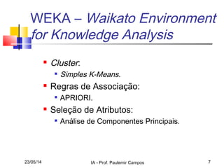 23/05/14 IA - Prof. Paulemir Campos 7
WEKA – Waikato Environment
for Knowledge Analysis
 Cluster:

Simples K-Means.
 Regras de Associação:

APRIORI.
 Seleção de Atributos:

Análise de Componentes Principais.
 