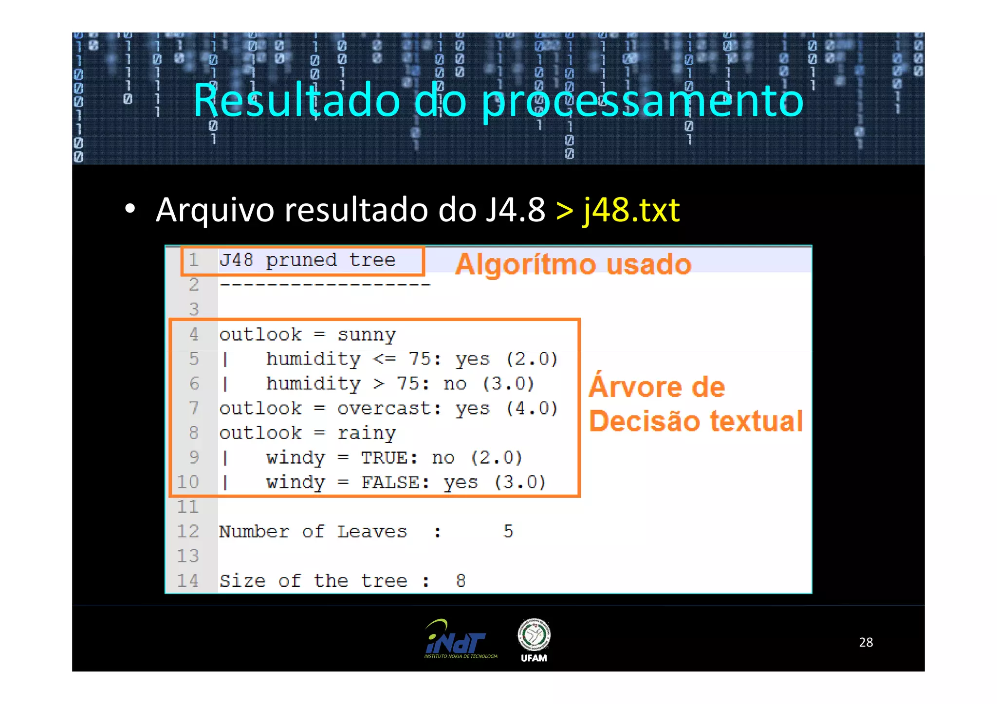 Resultado do processamento

• Arquivo resultado do J4.8 > j48.txt




                                        28
 