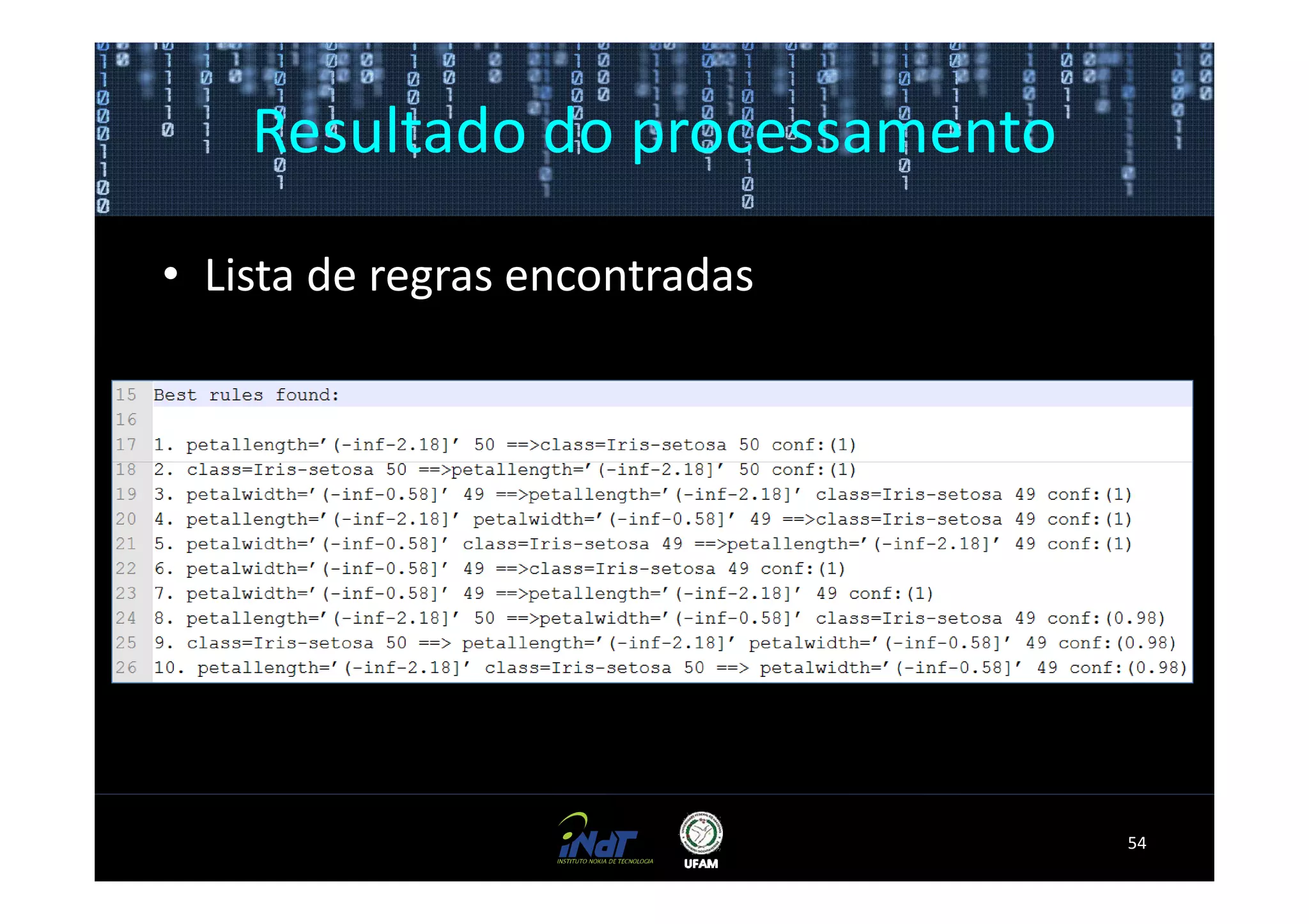 Resultado do processamento

• Lista de regras encontradas




                                 54
 