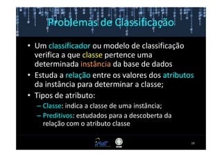 Problemas de Classificação
• Um classificador ou modelo de classificação
  verifica a que classe pertence uma
  determinada instância da base de dados
• Estuda a relação entre os valores dos atributos
  da instância para determinar a classe;
• Tipos de atributo:
  – Classe: indica a classe de uma instância;
  – Preditivos: estudados para a descoberta da
    relação com o atributo classe

                                                 19
 