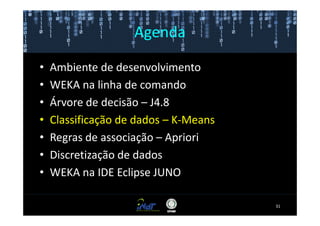 Agenda

•   Ambiente de desenvolvimento
•   WEKA na linha de comando
•   Árvore de decisão – J4.8
•   Classificação de dados – K-Means
•   Regras de associação – Apriori
•   Discretização de dados
•   WEKA na IDE Eclipse JUNO

                                       31
 
