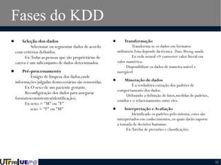 Fases do KDD


Seleção dos dados
       Selecionar ou segmentar dados de acordo
com critérios definidos.
         Ex:Todas as pessoas que são proprietárias de
carros é um subconjunto de dados determinados.



Pré-processamento
       Estágio de limpeza dos dados,onde
informações julgadas desnecessárias são removidas.
         Ex:O sexo de um paciente gestante.
         Reconfiguração dos dados para assegurar
formatosconsistentes(identificação).
         Ex:sexo = "M" ou "F"
              sexo = "F" ou "M"



Transformação
       Transforma-se os dados em formatos
utilizáveis.Esta depende da técnica Data Mining usada. 
       Ex:rede neural -> converter valor literal em
valor numérico.
         Disponibilizar os dados de maneira usável e
navegável.



Mineração de dados
       É a verdadeira extração dos padrões de
comportamento dos dados.
         Utilizando a definição de fatos,medidas de padrões,
estados e o relacionamento entre eles.



Interpretação e Avaliação 
       Identificado os padrões pelo sistema, estes são
interpretados em conhecimentos, os quais darão suporte
a tomada de decisões humanas.
         Ex:Tarefas de previsões e classificações. 

11

 