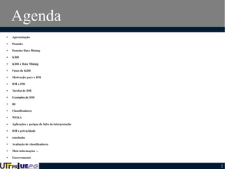 Agenda
●

Apresentação

●

Pentaho

●

Pentaho Data Mining

●

KDD

●

KDD x Data Mining

●

Fases do KDD

●

Motivação para o DM

●

DM x DW

●

Tarefas de DM

●

Exemplos de DM

●

BI

●

Classificadores

●

WEKA

●

Aplicações e perigos da falta de interpretação

●

DM e privacidade

●

conclusão

●

Avaliação de classificadores

●

Mais informações ...

●

Encerramento

2

 