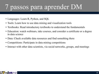 7 passos para aprender DM
●

Languages: Learn R, Python, and SQL

●

Tools: Learn how to use data mining and visualization tools

●

Textbooks: Read introductory textbooks to understand the fundamentals

●

Education: watch webinars, take courses, and consider a certificate or a degree
in data science

●

Data: Check available data resources and find something there

●

Competitions: Participate in data mining competitions

●

Interact with other data scientists, via social networks, groups, and meetings

48

 