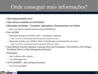 Onde conseguir mais informações?
●

http://weka.pentaho.com/

●

http://www.cs.waikato.ac.nz/ml/weka/

●

Mineração de Dados - Conceitos, Aplicações e Experimentos com Weka
–

●

http://www.lbd.dcc.ufmg.br/colecoes/erirjes/2004/004.pdf

Sítio da IBM
–

Mineração de dados com WEKA, Parte 1: Introdução e regressão
●

–

Mineração de dados com o WEKA, Parte 2: Classificação e armazenamento em cluster
●

●

●

http://www.ibm.com/developerworks/br/opensource/library/os-weka1/
http://www.ibm.com/developerworks/br/opensource/library/os-weka2/

Data Mining: Practical Machine Learning Tools and Techniques, Third Edition (The Morgan
Kaufmann Series in Data Management Systems)
KDnuggets
–
–

●

news, software, jobs, courses,…
www.KDnuggets.com

ACM SIGKDD – data mining association
–

www.acm.org/sigkdd
50

 