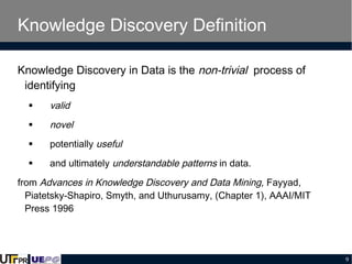 Knowledge Discovery Definition
Knowledge Discovery in Data is the non-trivial process of
identifying


valid



novel



potentially useful



and ultimately understandable patterns in data.

from Advances in Knowledge Discovery and Data Mining, Fayyad,
Piatetsky-Shapiro, Smyth, and Uthurusamy, (Chapter 1), AAAI/MIT
Press 1996

9

 