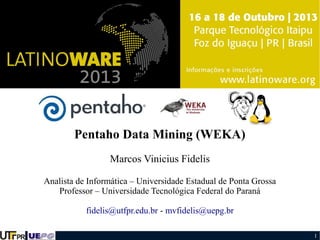 Pentaho Data Mining (WEKA)
Marcos Vinicius Fidelis
Analista de Informática – Universidade Estadual de Ponta Grossa
Professor – Universidade Tecnológica Federal do Paraná
fidelis@utfpr.edu.br - mvfidelis@uepg.br
1

 