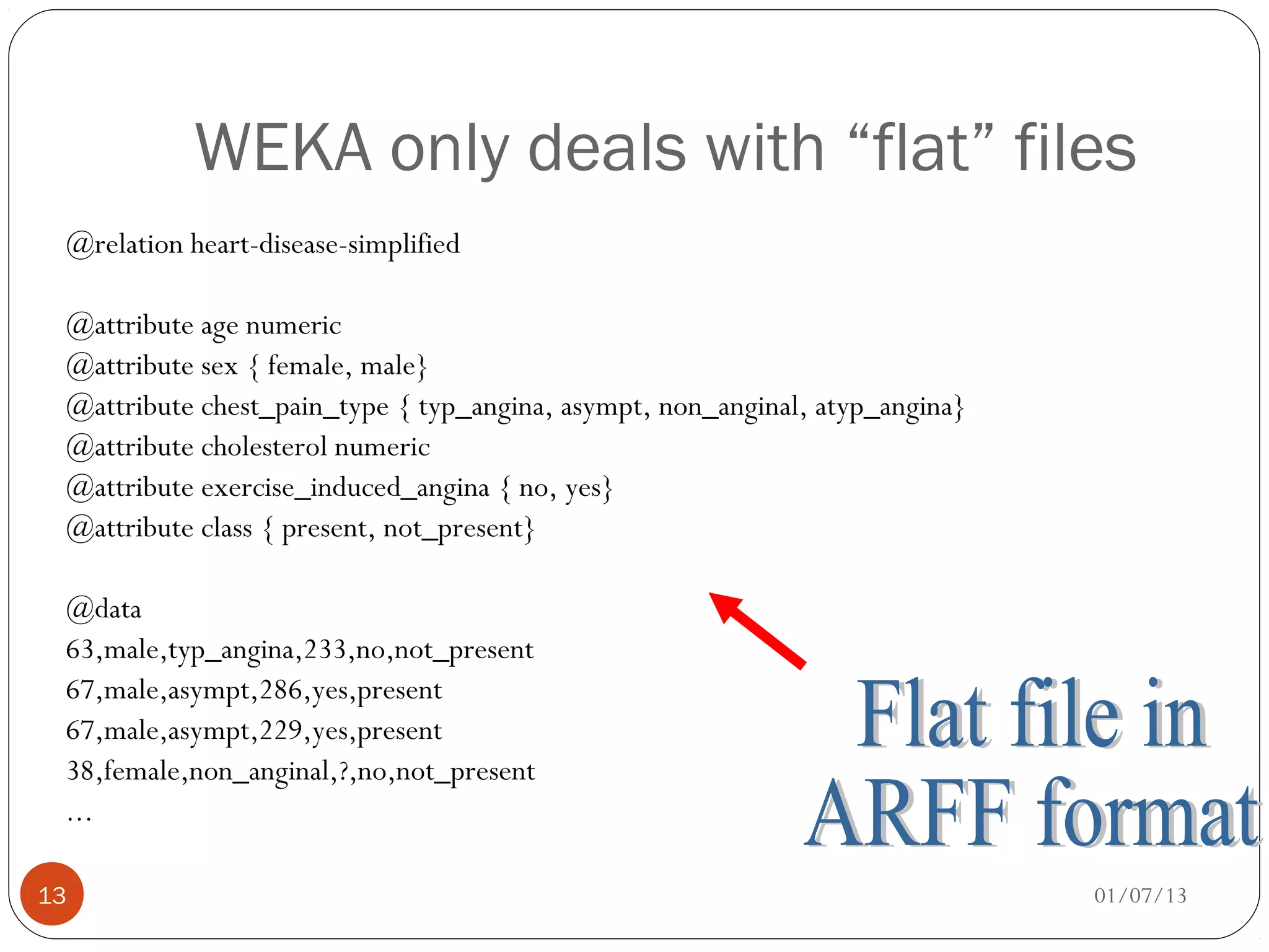WEKA only deals with “flat” files
 @relation heart-disease-simplified

 @attribute age numeric
 @attribute sex { female, male}
 @attribute chest_pain_type { typ_angina, asympt, non_anginal, atyp_angina}
 @attribute cholesterol numeric
 @attribute exercise_induced_angina { no, yes}
 @attribute class { present, not_present}

 @data
 63,male,typ_angina,233,no,not_present
 67,male,asympt,286,yes,present
 67,male,asympt,229,yes,present
 38,female,non_anginal,?,no,not_present
 ...

13                                                                            01/07/13
 