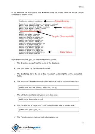 Weka
14
As an example for Arff format, the Weather data file loaded from the WEKA sample
databases is shown below:
From the screenshot, you can infer the following points:
 The @relation tag defines the name of the database.
 The @attribute tag defines the attributes.
 The @data tag starts the list of data rows each containing the comma separated
fields.
 The attributes can take nominal values as in the case of outlook shown here:
@attribute outlook (sunny, overcast, rainy)
 The attributes can take real values as in this case:
@attribute temperature real
 You can also set a Target or a Class variable called play as shown here:
@attribute play (yes, no)
 The Target assumes two nominal values yes or no.
 