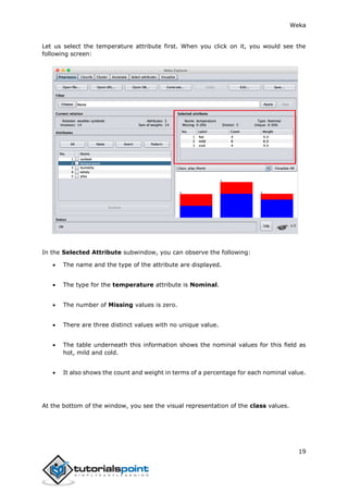 Weka
19
Let us select the temperature attribute first. When you click on it, you would see the
following screen:
In the Selected Attribute subwindow, you can observe the following:
 The name and the type of the attribute are displayed.
 The type for the temperature attribute is Nominal.
 The number of Missing values is zero.
 There are three distinct values with no unique value.
 The table underneath this information shows the nominal values for this field as
hot, mild and cold.
 It also shows the count and weight in terms of a percentage for each nominal value.
At the bottom of the window, you see the visual representation of the class values.
 