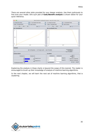 Weka
30
There are several other plots provided for your deeper analysis. Use them judiciously to
fine tune your model. One such plot of Cost/Benefit analysis is shown below for your
quick reference.
Explaining the analysis in these charts is beyond the scope of this tutorial. The reader is
encouraged to brush up their knowledge of analysis of machine learning algorithms.
In the next chapter, we will learn the next set of machine learning algorithms, that is
clustering.
 
