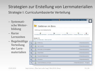 KursstundenAnja Lorenz: „Über kurz oder lang“, WeL2010, Zittau,[object Object],13 | 26,[object Object],15.09.2010,[object Object],Macrolearning,[object Object],Microlearning,[object Object],(vgl. Seufert & Euler 2005),[object Object],(Vgl. Adelsberger et. al. 2002 bzw. Hug 2005),[object Object]