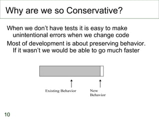 Why are we so Conservative? When we don’t have tests it is easy to make unintentional errors when we change code Most of development is about preserving behavior.  If it wasn’t we would be able to go much faster 