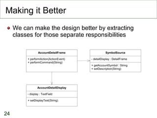 Making it Better We can make the design better by extracting classes for those separate responsibilities 