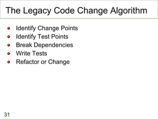 The Legacy Code Change Algorithm Identify Change Points Identify Test Points Break Dependencies Write Tests Refactor or Change 