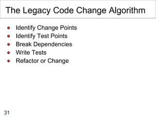 The Legacy Code Change Algorithm <ul><li>Identify Change Points </li></ul><ul><li>Identify Test Points </li></ul><ul><li>B...