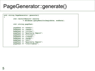 PageGenerator::generate()‏ std::string PageGenerator::generate()‏ { std::vector<Result> results  = database.queryResults(b...