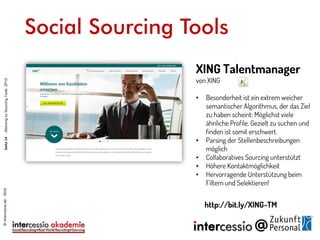 Social Sourcing Tools
XING Talentmanager
von XING
• Besonderheit ist ein extrem weicher
semantischer Algorithmus, der das Ziel
zu haben scheint: Möglichst viele
ähnliche Profile. Gezielt zu suchen und
finden ist somit erschwert.
• Parsing der Stellenbeschreibungen
möglich
• Collaboratives Sourcing unterstützt
• Höhere Kontaktmöglichkeit
• Hervorragende Unterstützung beim
Filtern und Selektieren!
http://bit.ly/XING-TM
©intercessio.de-2015Seite14-MeinungzuSourcingToolsZP15
 