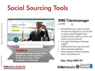 Social Sourcing Tools
XING Talentmanager
von XING
• Besonderheit ist ein extrem weicher
semantischer Algorithmus, der das Ziel
zu haben scheint: Möglichst viele
ähnliche Profile. Gezielt zu suchen und
finden ist somit erschwert.
• Parsing der Stellenbeschreibungen
möglich
• Collaboratives Sourcing unterstützt
• Höhere Kontaktmöglichkeit
• Hervorragende Unterstützung beim
Filtern und Selektieren!
http://bit.ly/XING-TM
©intercessio.de-2015Seite15-MeinungzuSourcingToolsZP15
 