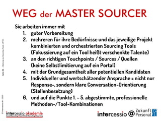 ©intercessio.de-2015Seite35-MeinungzuSourcingToolsZP15
WEG der MASTER SOURCER
Sie arbeiten immer mit
1. guter Vorbereitung
2. mehreren für ihre Bedürfnisse und das jeweilige Projekt
kombinierten und orchestrierten Sourcing Tools
(Fokussierung auf ein Tool heißt verschenkte Talente)
3. an den richtigen Touchpoints / Sources / Quellen
(keine Selbstlimitierung auf ein Portal)
4. mit der Grundgesamtheit aller potentiellen Kandidaten
5. Individueller und wertschätzender Ansprache = nicht nur
Response-, sondern klare Conversation-Orientierung
(Stellenbesetzung)
6. und auf die Punkte 1. – 5. abgestimmte, professionelle
Methoden-/Tool-Kombinationen
 