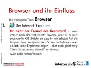 Die wichtigsten Tools: Browser
1. Der Internet-Explorer:
Ist nicht der Freund des Sourcers und
Recruiters! Ist zwar immer noch der verbreiteste
Browser. Aber er benützt sogenannte XSS Skripte, so dass
im einfachsten Fall die längeren bzw. komplizierteren
Strings fehlschlagen oder einfach keine Ergebnisse zeigen
– aber auch gleichzeitig Türen für bestimmte Viren öffnen
können… auch in der letzten Version
Browser und ihr Einfluss
©intercessio.de-2015Seite8-MeinungzuSourcingToolsZP15
 