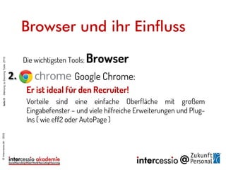 Die wichtigsten Tools: Browser
2. Google Chrome:
Er ist ideal für den Sourcer und Recruiter!
Vorteile sind eine einfache Oberfläche mit großem
Eingabefenster – und viele hilfreiche Erweiterungen und Plug-
Ins ( wie z.B. bit.ly)
Browser und ihr Einfluss
©intercessio.de-2015Seite9-MeinungzuSourcingToolsZP15
 