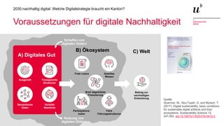 16
2030 nachhaltig digital: Welche Digitalstrategie braucht ein Kanton?
Voraussetzungen für digitale Nachhaltigkeit
Quelle:
Stuermer, M., Abu-Tayeh, G. and Myrach, T.
(2017). Digital sustainability: basic conditions
for sustainable digital artifacts and their
ecosystems, Sustainability Science 12:
247-262. doi:10.1007/s11625-016-0412-2
Ausgereift Transparente
Strukturen
Semantische
Daten
Verteilte
Standorte
Freie Lizenz Geteiltes
Wissen
Partizipations-
kultur
Faire
Führungsstrukturen
Breit abgestützte
Finanzierung
Beitrag zur
nachhaltigen
Entwicklung
Schaffen von
digitalen Gütern
Nutzung von
digitalen Gütern
A) Digitales Gut
B) Ökosystem C) Welt
 