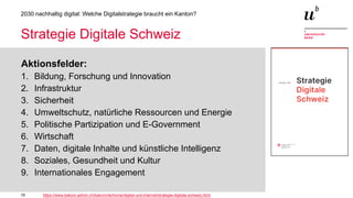 19
2030 nachhaltig digital: Welche Digitalstrategie braucht ein Kanton?
Strategie Digitale Schweiz
Aktionsfelder:
1. Bildung, Forschung und Innovation
2. Infrastruktur
3. Sicherheit
4. Umweltschutz, natürliche Ressourcen und Energie
5. Politische Partizipation und E-Government
6. Wirtschaft
7. Daten, digitale Inhalte und künstliche Intelligenz
8. Soziales, Gesundheit und Kultur
9. Internationales Engagement
https://www.bakom.admin.ch/bakom/de/home/digital-und-internet/strategie-digitale-schweiz.html
 