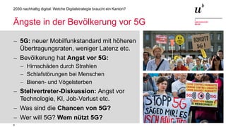 9
2030 nachhaltig digital: Welche Digitalstrategie braucht ein Kanton?
Ängste in der Bevölkerung vor 5G
− 5G: neuer Mobilfunkstandard mit höheren
Übertragungsraten, weniger Latenz etc.
− Bevölkerung hat Angst vor 5G:
− Hirnschäden durch Strahlen
− Schlafstörungen bei Menschen
− Bienen- und Vögelsterben
− Stellvertreter-Diskussion: Angst vor
Technologie, KI, Job-Verlust etc.
− Was sind die Chancen von 5G?
− Wer will 5G? Wem nützt 5G?
 