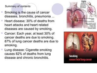 Summary of contents

   Smoking is the cause of cancer
    diseases, bronchitis, pneumonia ...
   Heart disease: 30% of deaths from
    heart attacks and heart related
    diseases are caused by smoking.
   Cancer: Each year, at least 30% of
    cancer deaths are due to smoking.
    87% of lung cancer deaths are due to
    smoking.
   Lung disease: Cigarette smoking
    causes 82% of deaths from lung
    disease and chronic bronchitis.
 